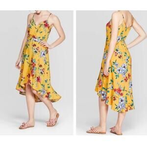 Xhiliration Women's Large Yellow Floral Sleeveless Sundress New